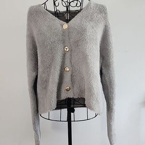 NWT A New Day Gray Cardigan Women Sz Small Sweater V-Neck Gold Tone Buttons Chic